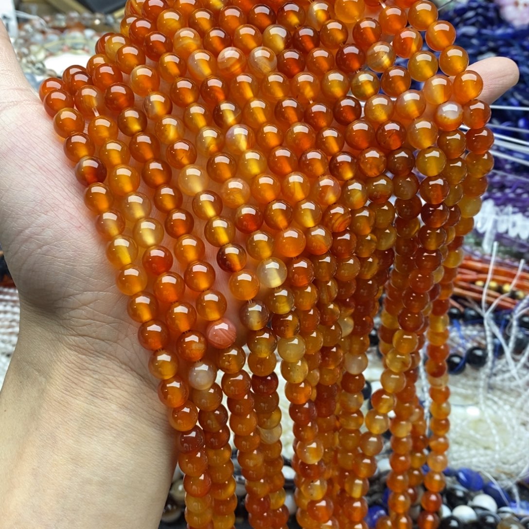 未镶嵌玛瑙/玉髓珠宝半成品一条天然8mm橘红玛瑙圆珠