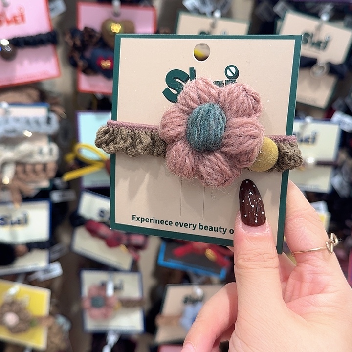 粉咖色毛线花发绳