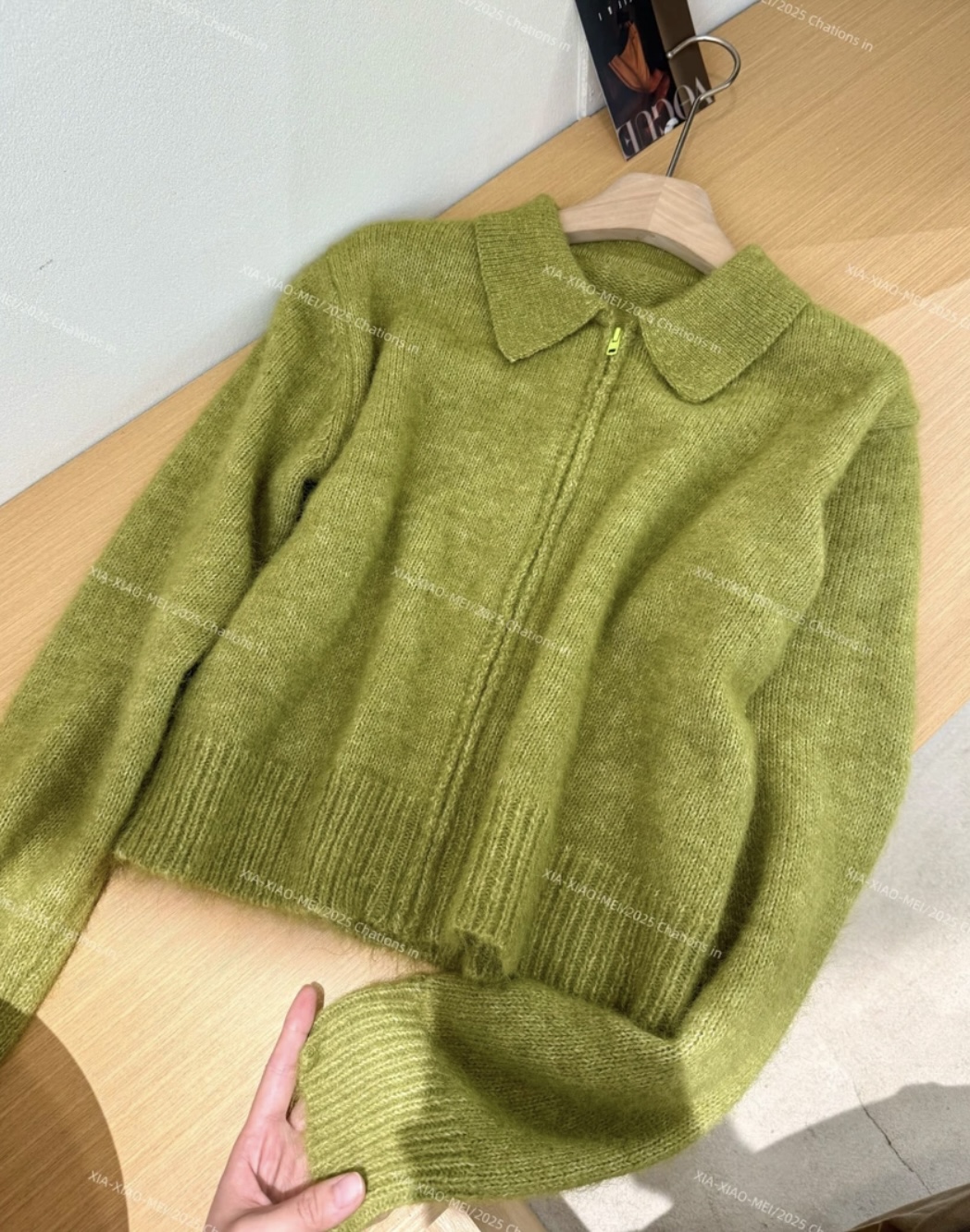 XIAOMEI ｜翻领韩系鲜草绿羊毛毛衣-5354