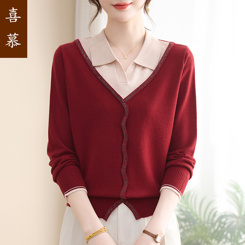 年轻妈妈秋装假两件针织上衣2025新款中老年女秋冬减龄洋气打底衫