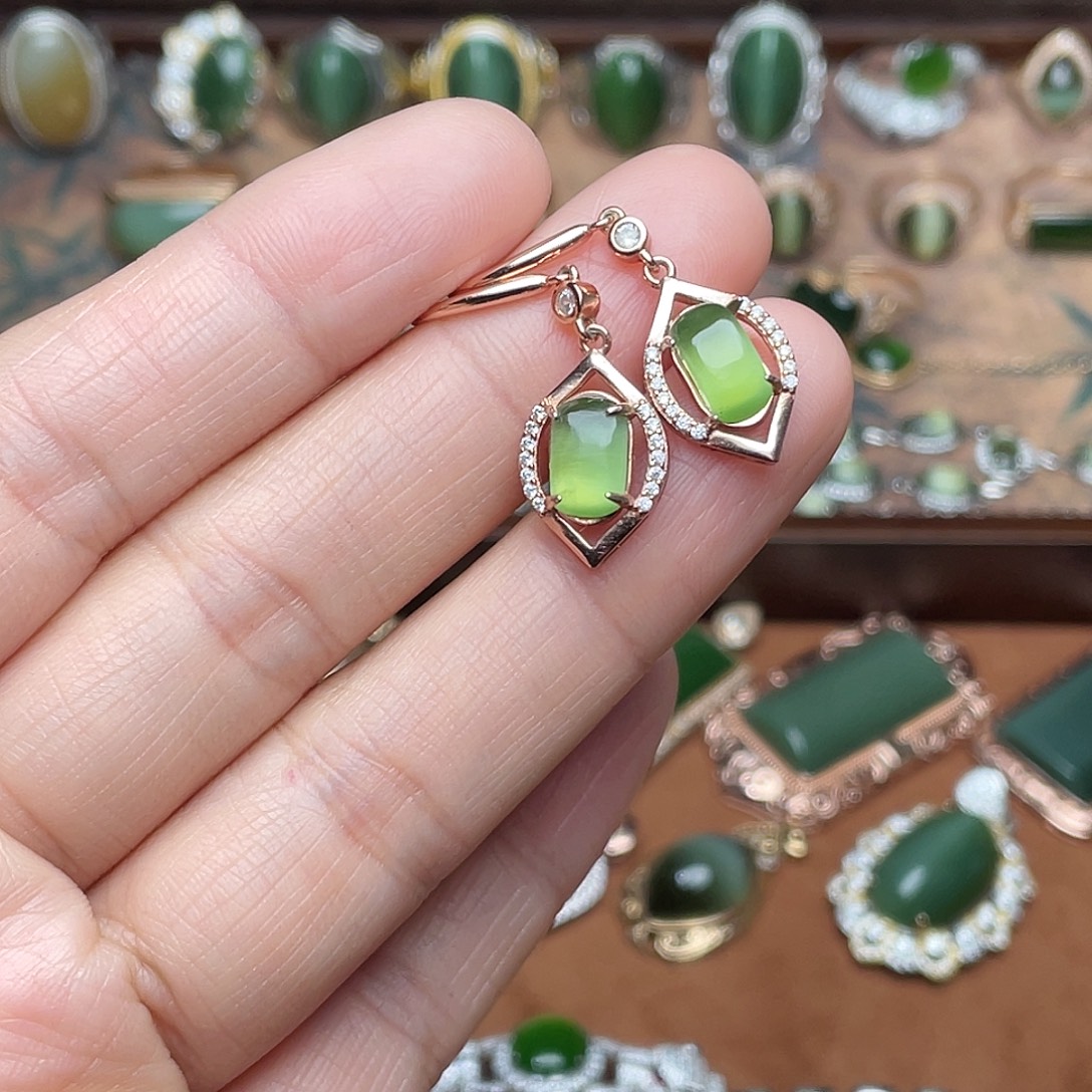 和田玉（碧玉）银S925镶嵌吊坠(不含链)耳环