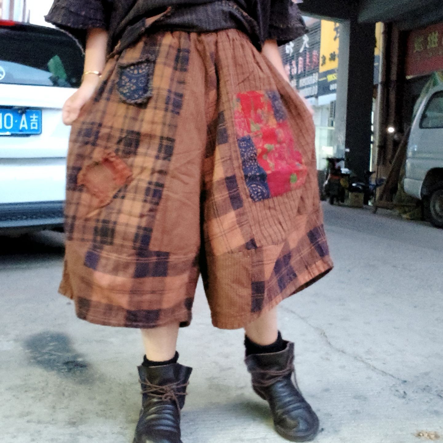 无吊牌磨白做旧黄老布贴红花双层靴裤直播间自选条纹
