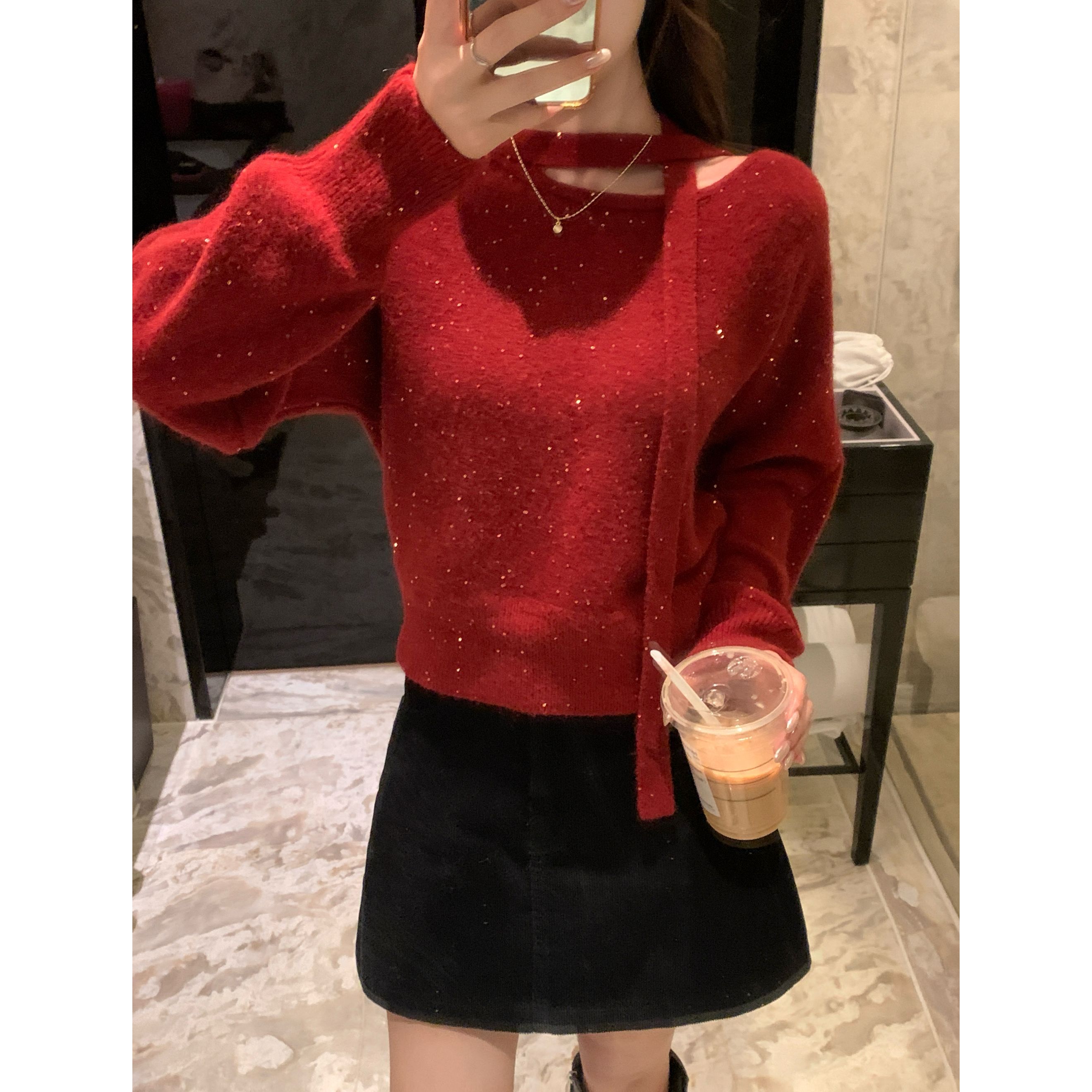 亮片飘带加厚羊绒毛衣女新款秋冬可外穿收腰内搭打底针织上衣8032