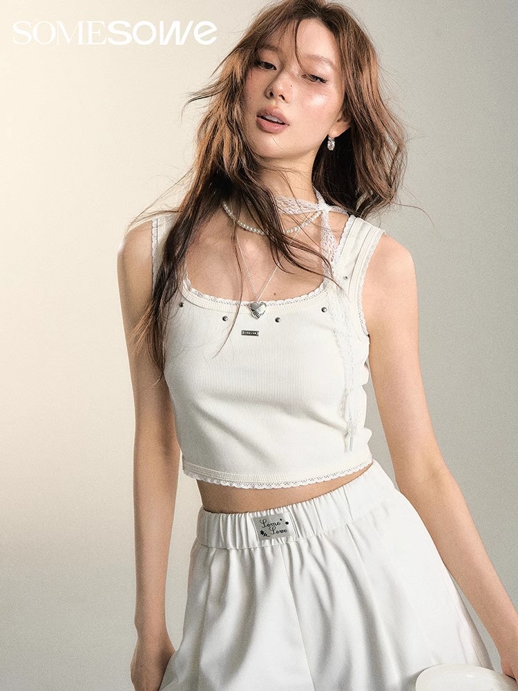 明星同款SOMESOWE买手店花边铆钉针织背心外穿修身短款上衣女夏