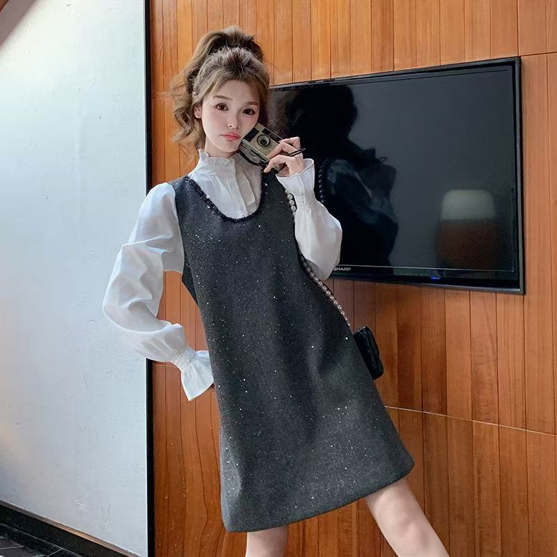 清小香风连衣裙女春新款法式气质百搭呢子背心裙两件套打底套装裙