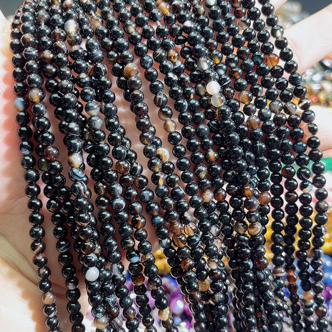 玛瑙/玉髓未镶嵌珠宝半成品黑玛瑙隔珠5mm两条