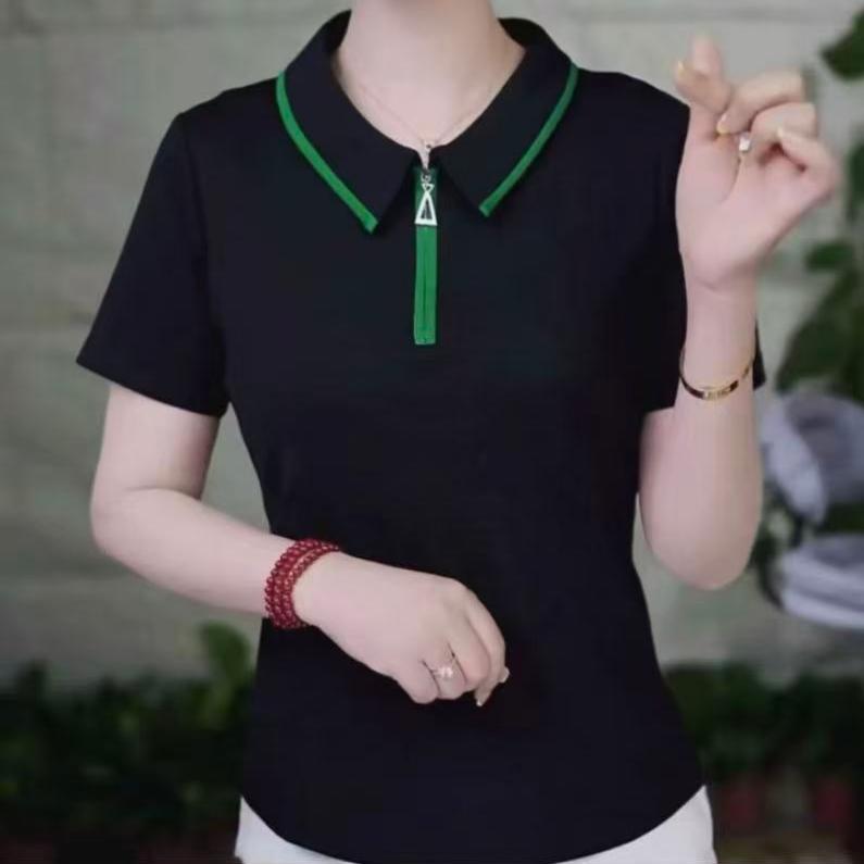 2025夏季新款女士时尚洋气简约大方百搭半拉链翻领短袖T恤