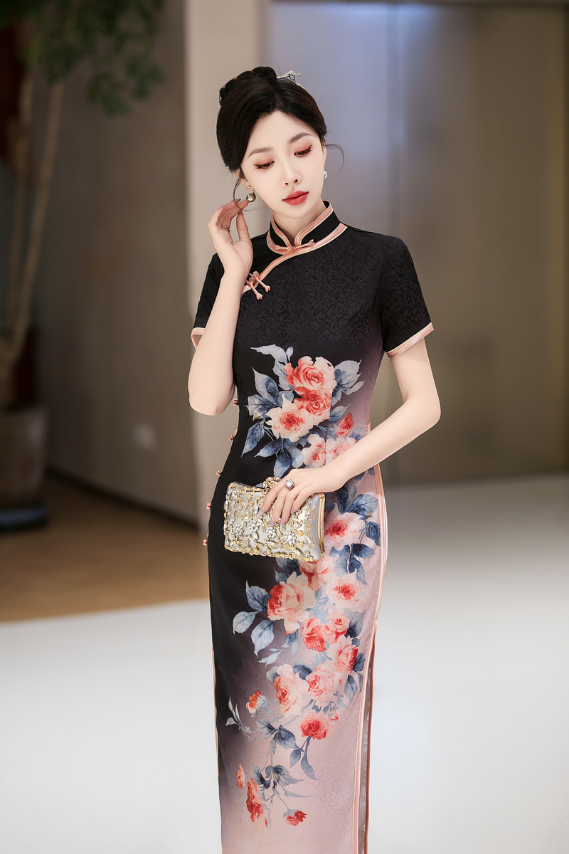 白幼秀香港设计师定位花海派中式复古夏季清凉气质中长款旗袍5566