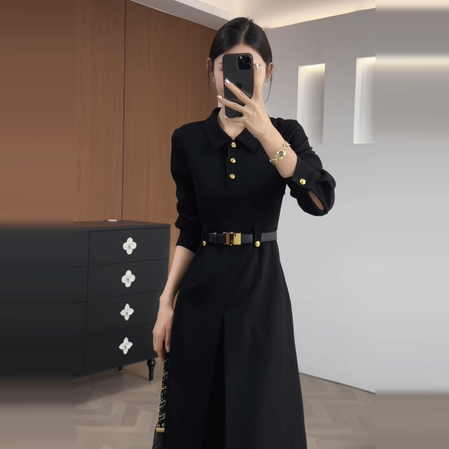 【现货+运补】黑色Polo领长袖衬衫连衣裙早秋2025简单大方6652