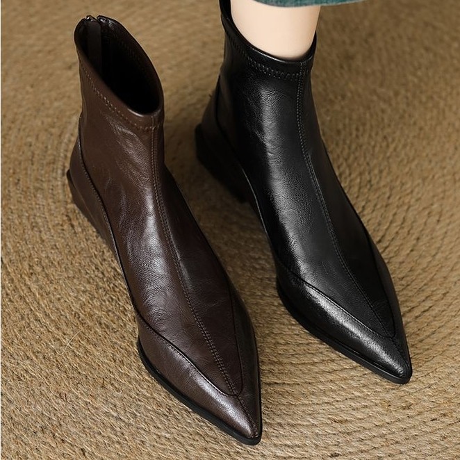 爆款复古尖头切尔西靴羊皮瘦瘦靴方头中跟气质靴子百搭矮跟910-10
