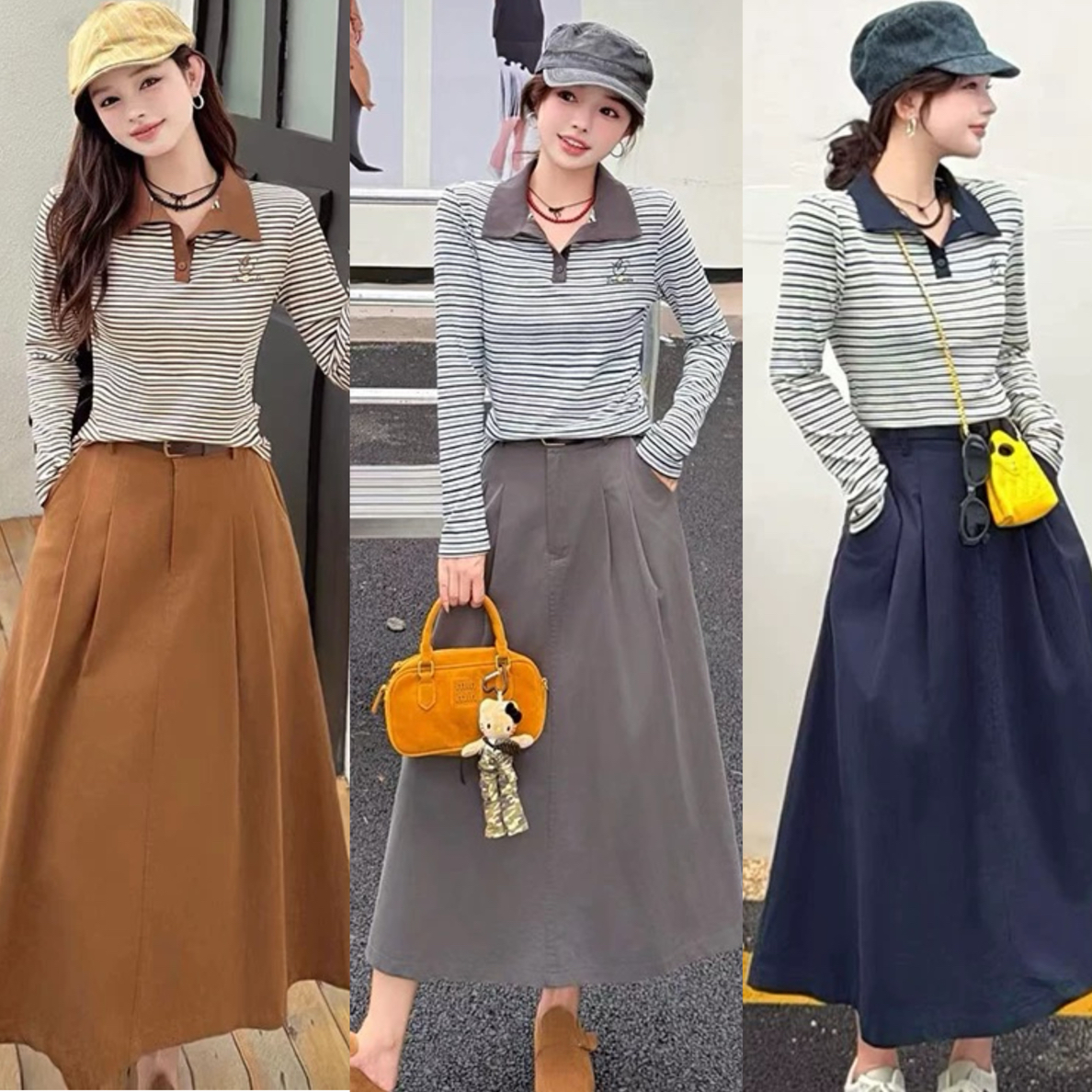 新款双口袋长袖上衣搭配半身裙套装2575