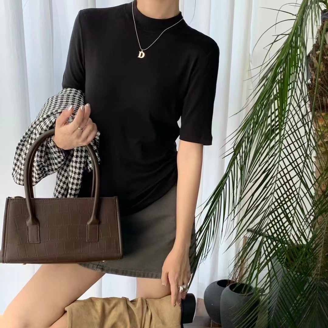 25秋定制天丝羊毛洋气小立领五分袖气质女T恤