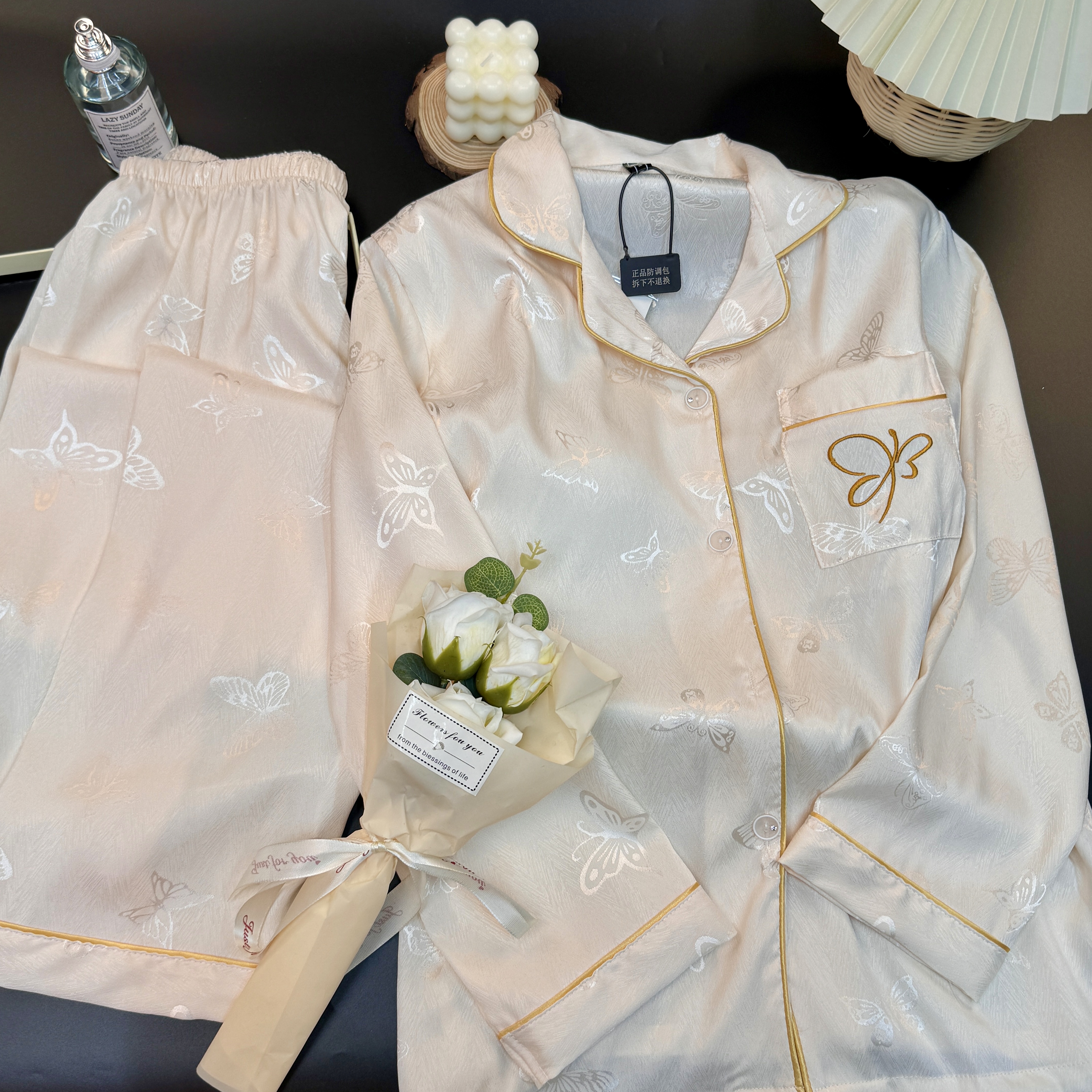 【香槟蝴蝶】长袖睡衣女防静电秋季春秋女休闲长裤家居服套装轻奢