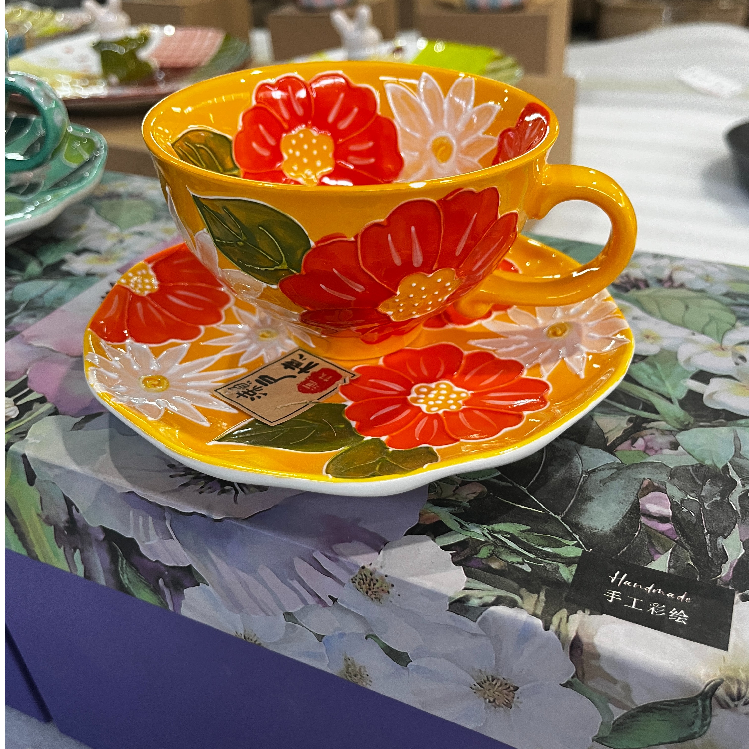 【C1674】一杯一碟 带包装礼盒 萩烧 盛钵 濑户烧手工彩绘釉上彩 