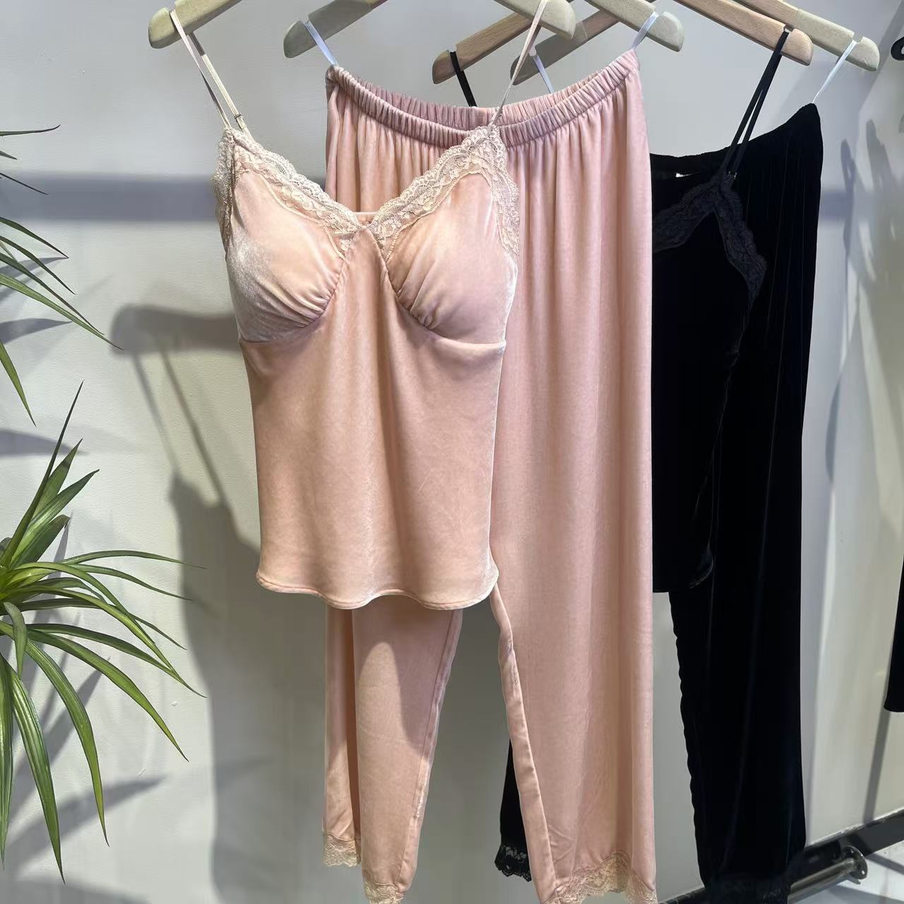 【2件套】6A重磅100%真丝桑蚕丝丝绒吊带长裤T2517