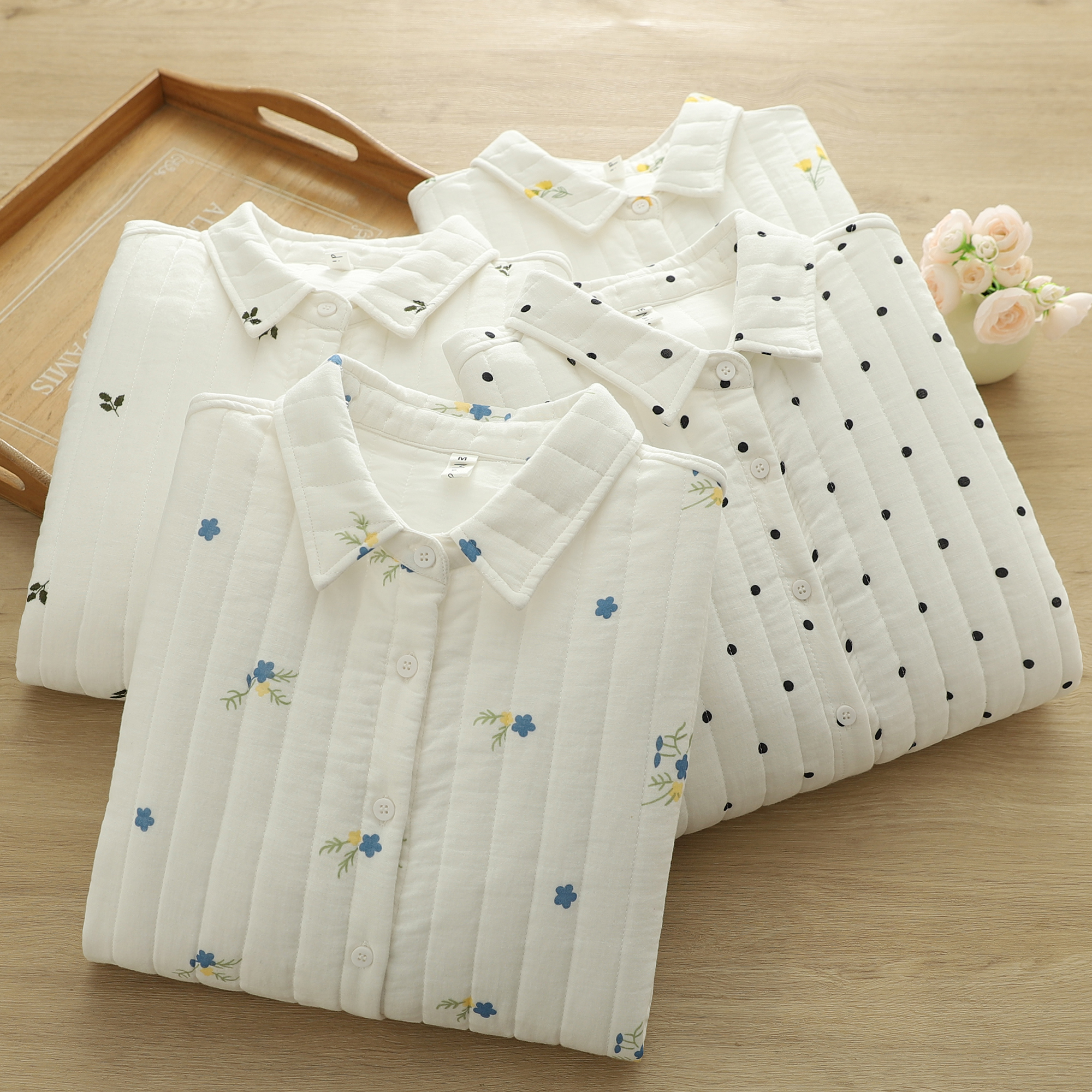 秋冬保暖夹棉衬衫  文艺印花纯棉女棉服衬衫休闲百搭外套棉衣