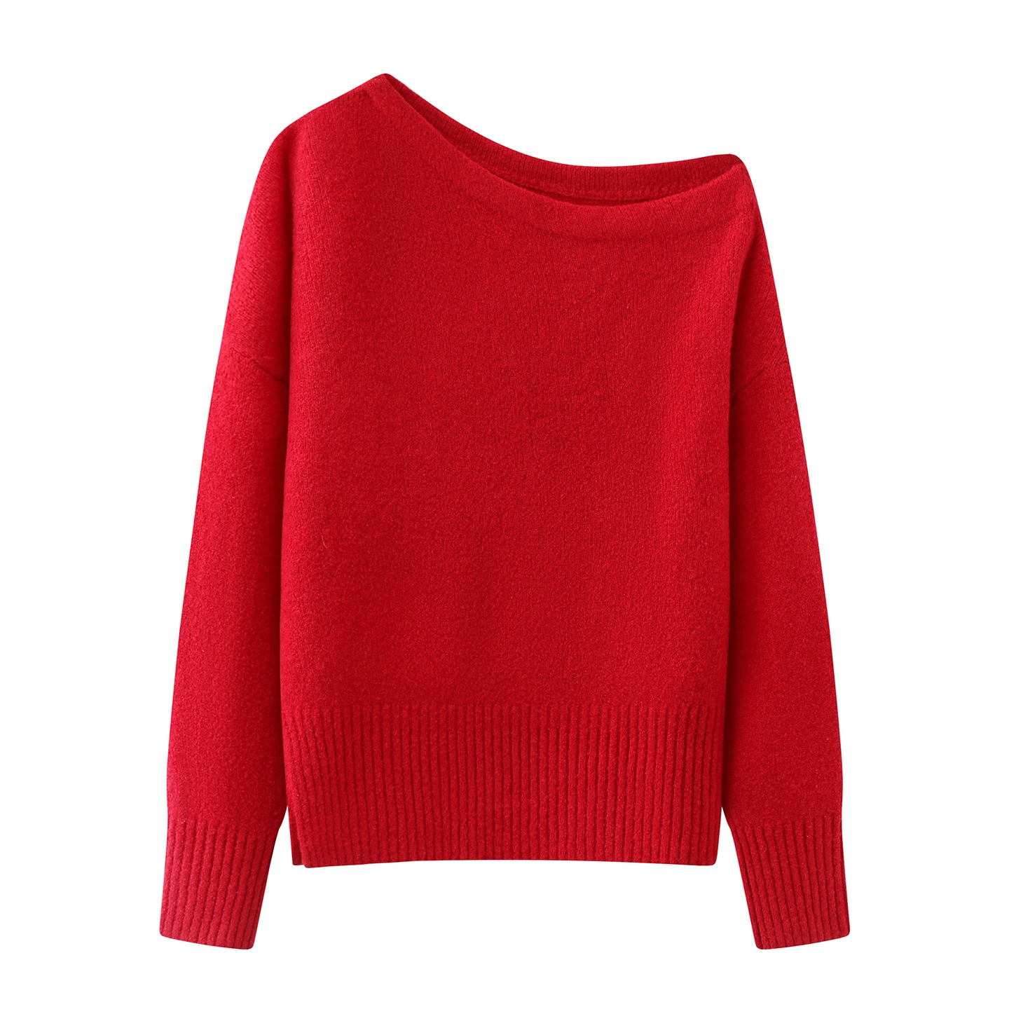 艾家新款2025冬季红色一字肩针织衫女斜肩毛衣上衣4162