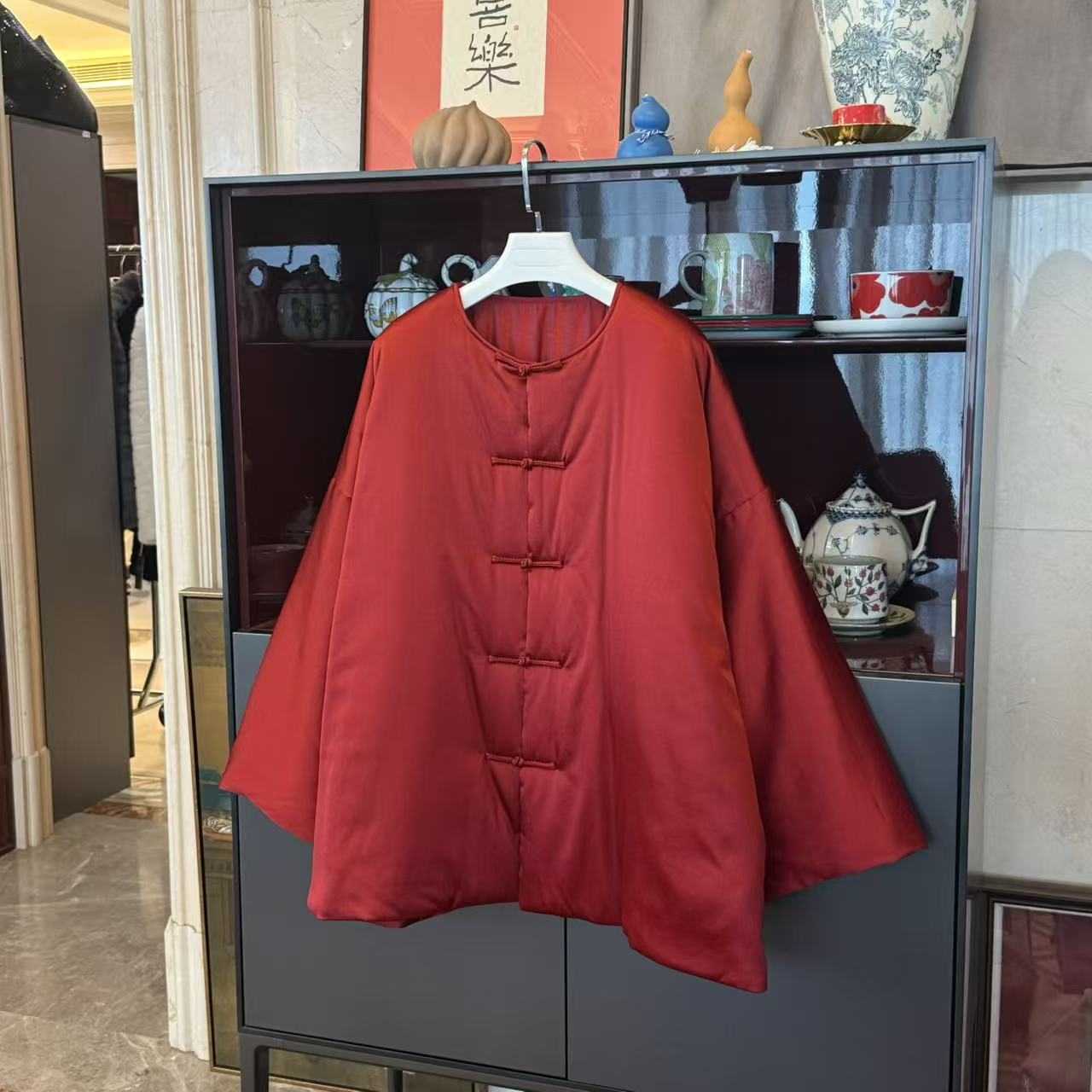 MYL 2025秋冬新品26姆米真丝红色棉服圆领长袖休闲宽松盘扣外套
