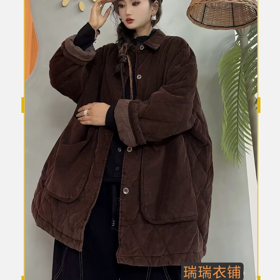 秋冬休闲大口袋复古做旧色大版格纹单排扣棉服外套