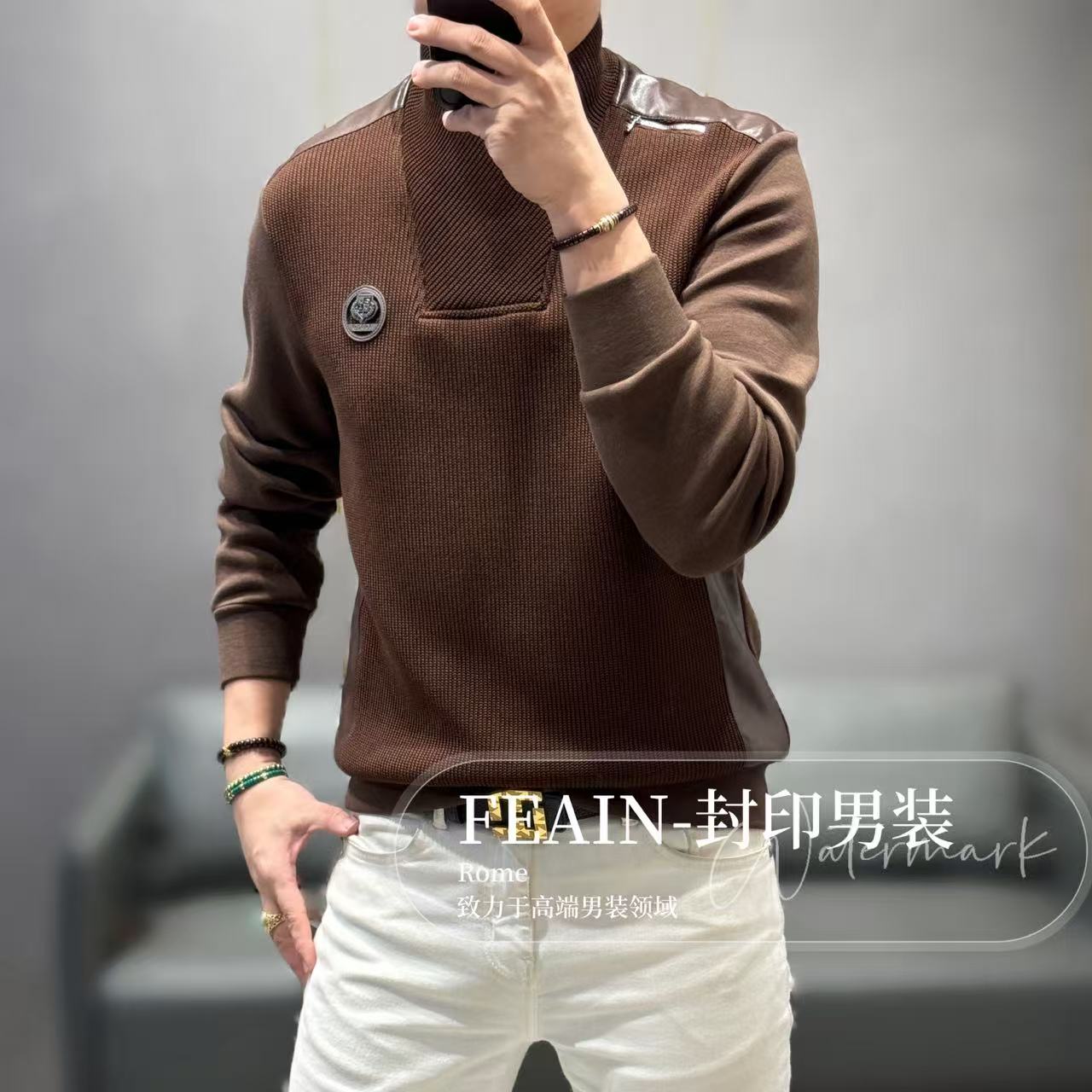 高端男士定制莫代尔粗针织拼接空气层交叉马鞍领加绒卫衣9190