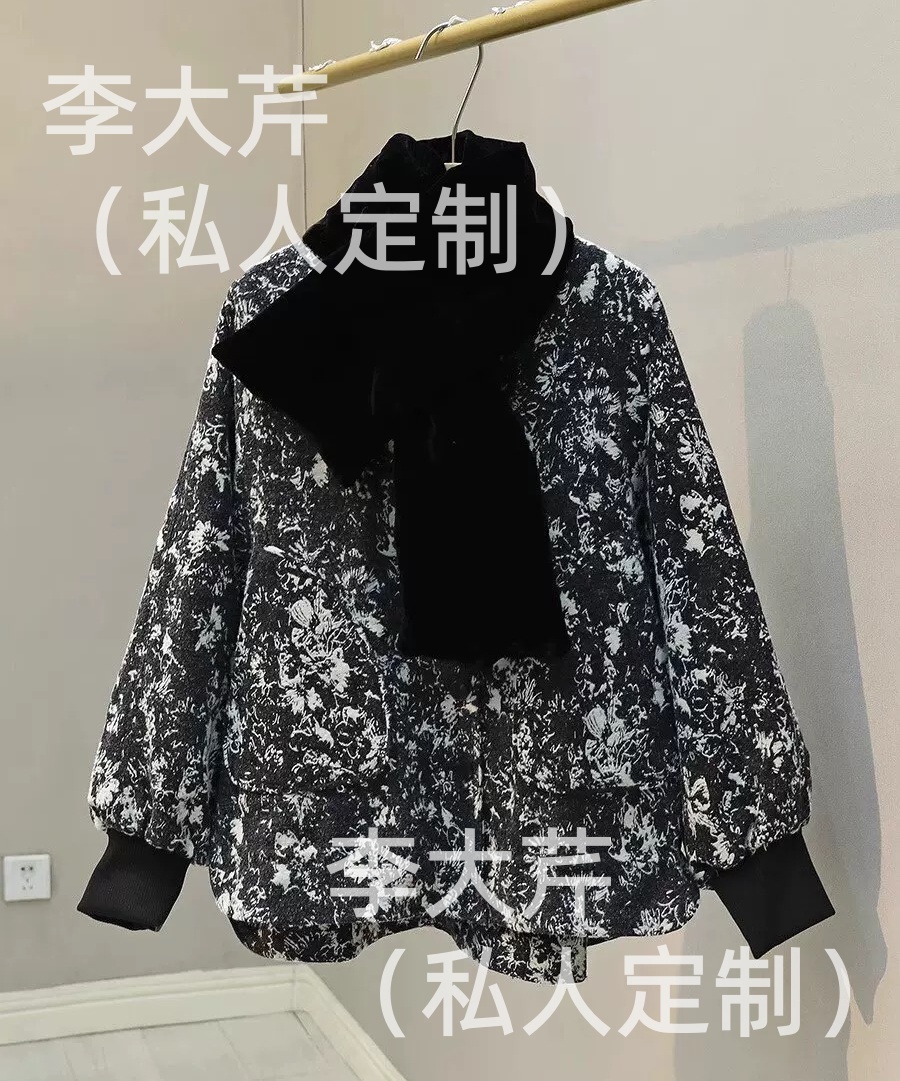 "水墨花"羽绒服外套  复古时尚新中式配围巾  宽松洋气百搭厚款