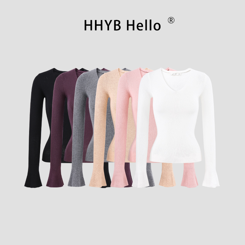 HHYB Hello简约V领修身针织上衣女春季新款喇叭袖长袖T恤M1651