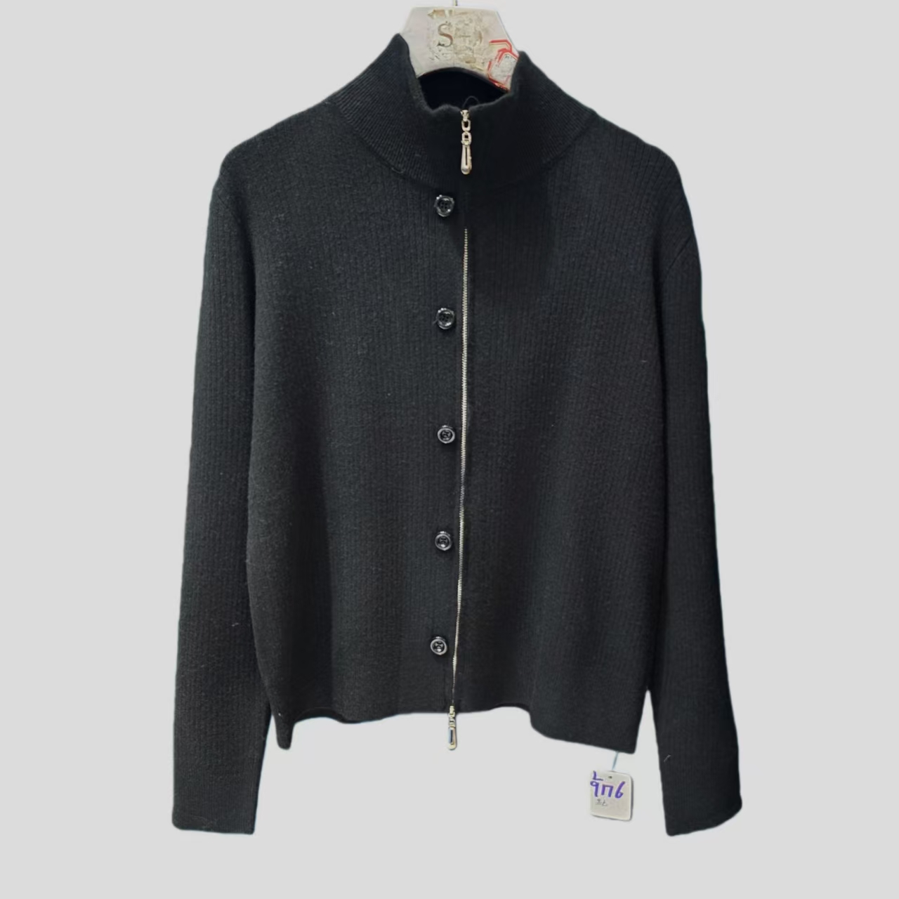 9176-侧纽扣+拉链百搭针织衫（黑色）