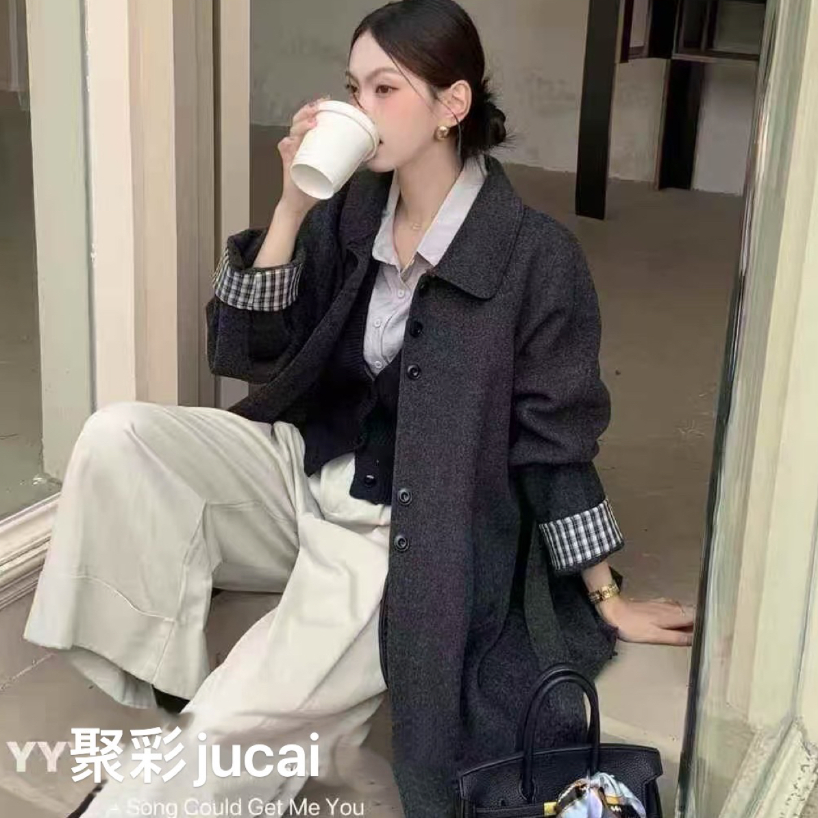 双面尼大衣外套小个子Polo领显瘦中长款外套格子拼袖5810