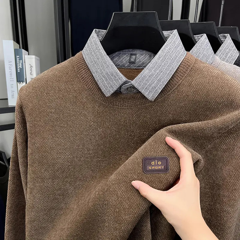 TUCANO/啄木鳥男士冬加绒加厚保暖POLO领商务休闲针织假两件上衣