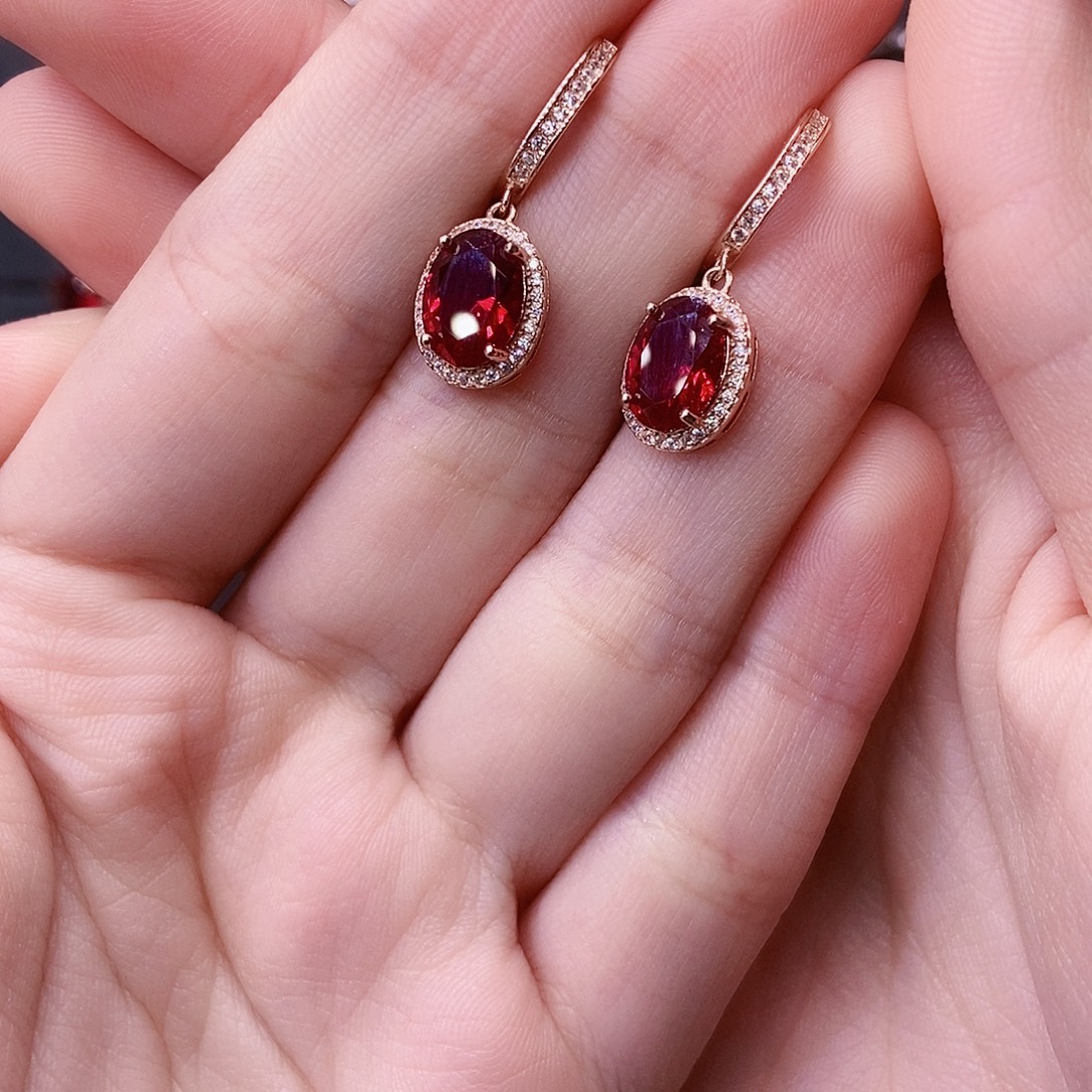 耳饰银S925镶嵌红宝石