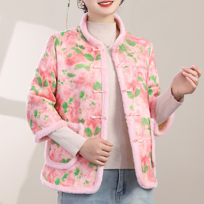 秋冬新款女气质加绒加厚棉衣七分袖民族风复古小棉袄保暖外套