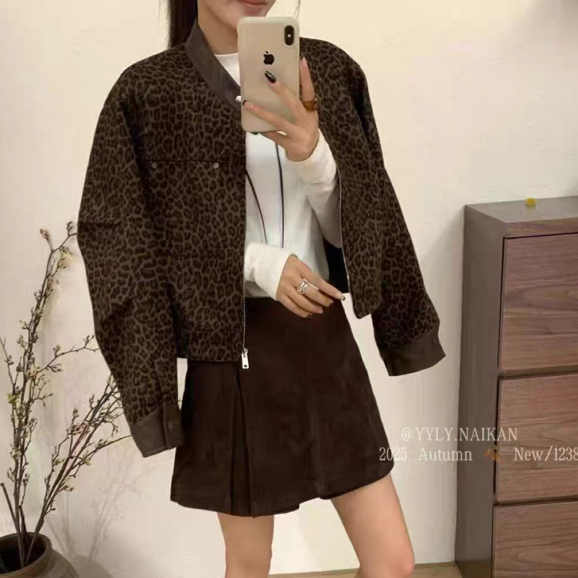 高端欧货豹纹印花休闲百搭圆领外套女2025年秋季新款短款上衣夹克