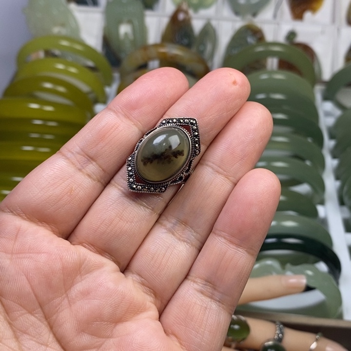 蛇纹石玉戒指银S925镶嵌