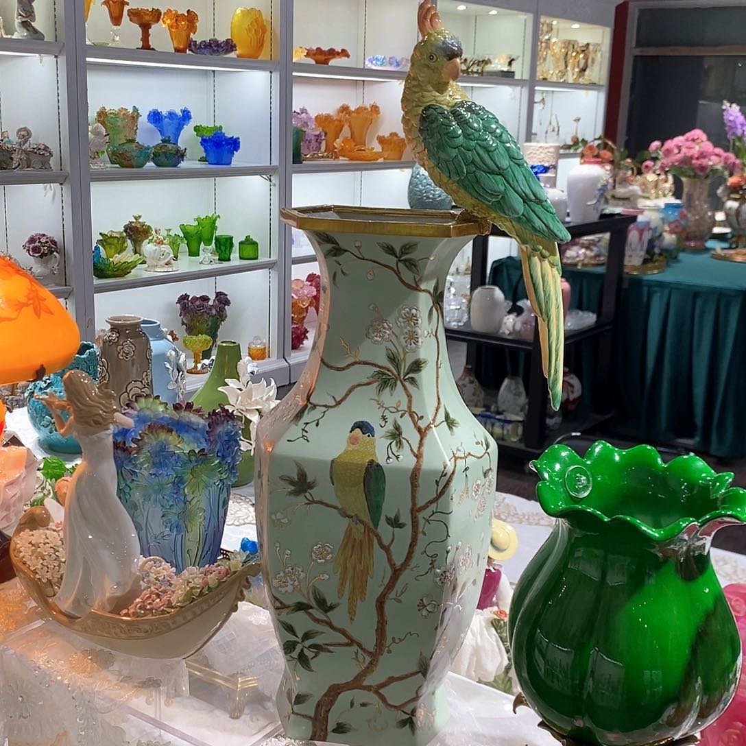 摆件F3124铜配瓷鸟语花香六角花瓶