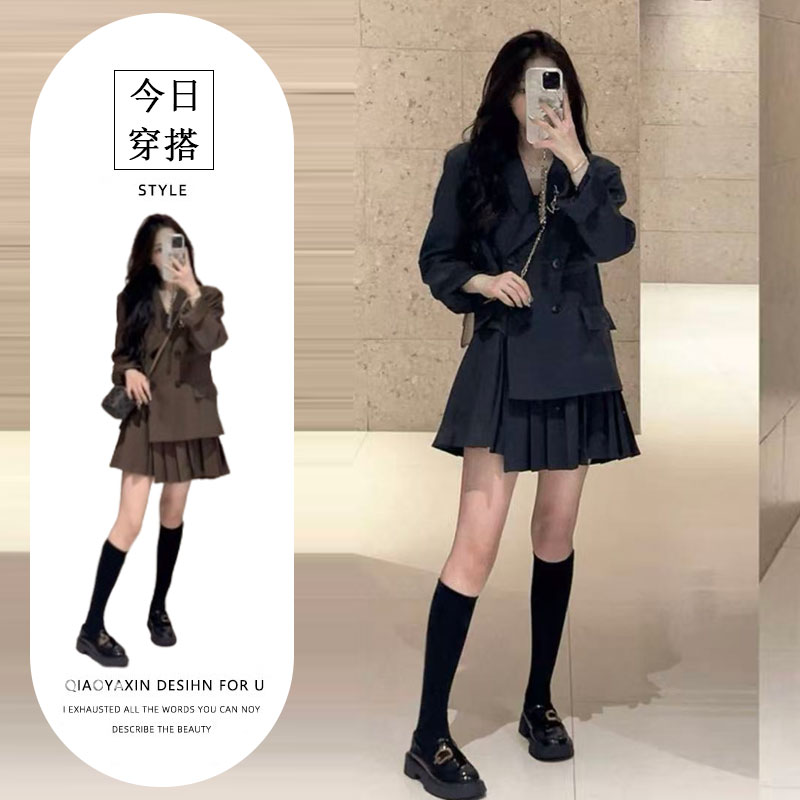 T257554早秋季新款小香学院风西装连衣裙子小个子穿搭一整套裙装