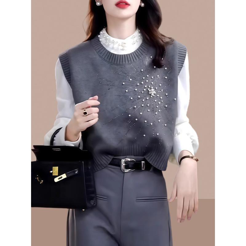 圆领钉珠新款设计感烫钻烟花叠穿马甲女毛衣外穿无袖背心时尚上衣