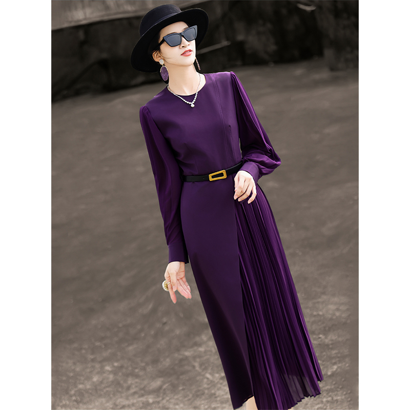 MEXCOCO/兰瑟儿早秋新款气质通勤优雅长袖拼接收腰连衣裙M5CL2298