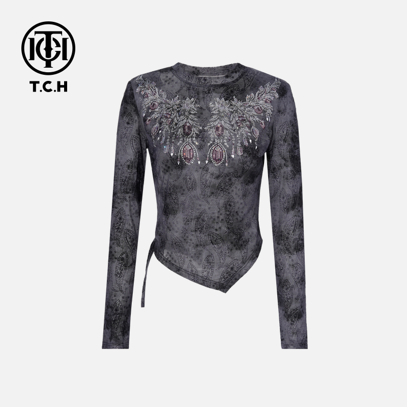 TCH私服秋款时尚休闲风烫钻淑女深灰色打底衫T75C02E1009轻奢tch
