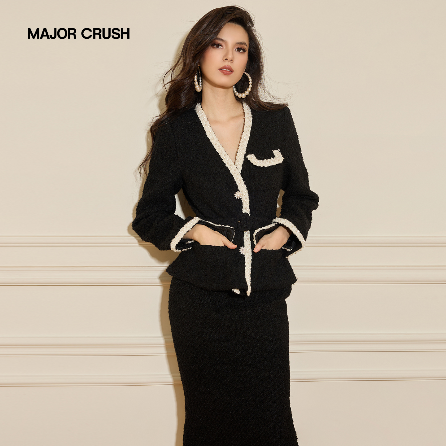 MAJOR CRUSH时尚套装气质冬季针织粗花呢设计师冬季黑色套装48849