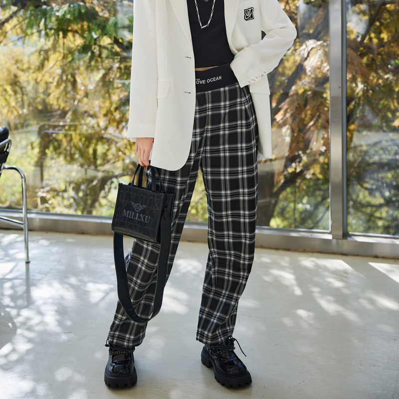 U/TI LOVEOCEAN 四指宽高腰黑白大格纹弹力腰收口休闲格子裤