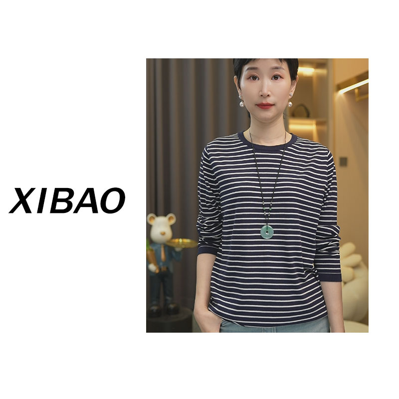 【经典条纹】超细精纺桑蚕丝天丝圆领上衣