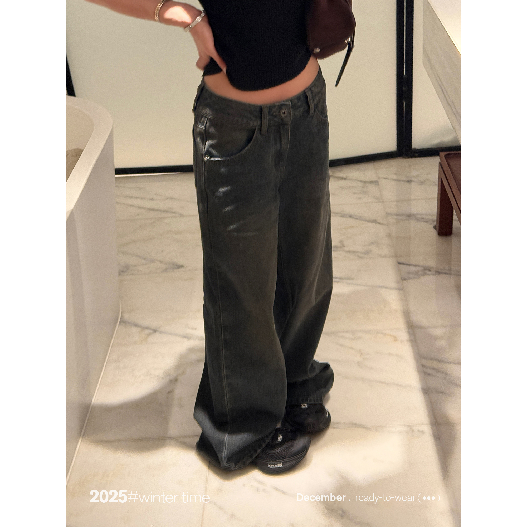 SUNONEONE 复古做旧加绒直筒牛仔裤女冬宽松阔腿休闲裤子H1625K