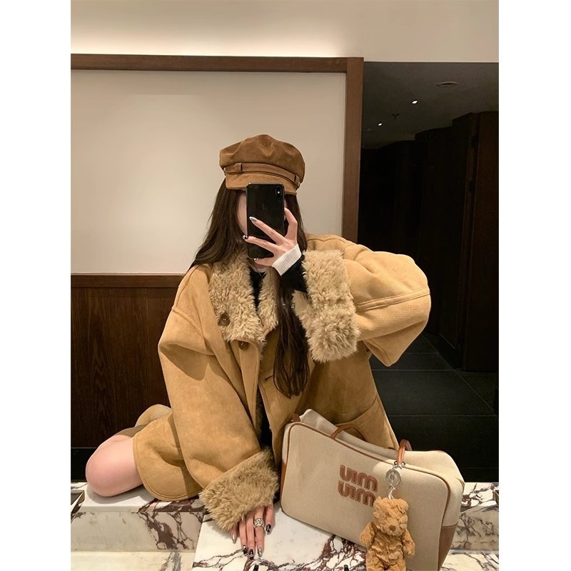 2025冬季新款两穿皮毛一体毛毛绒机车服秋冬宽松加厚百搭外套女