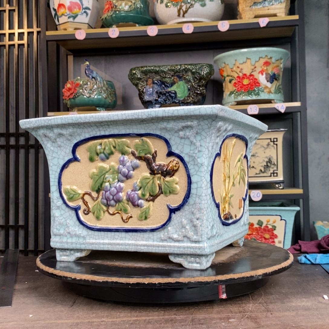 红陶雪**?d豆青方盆8。