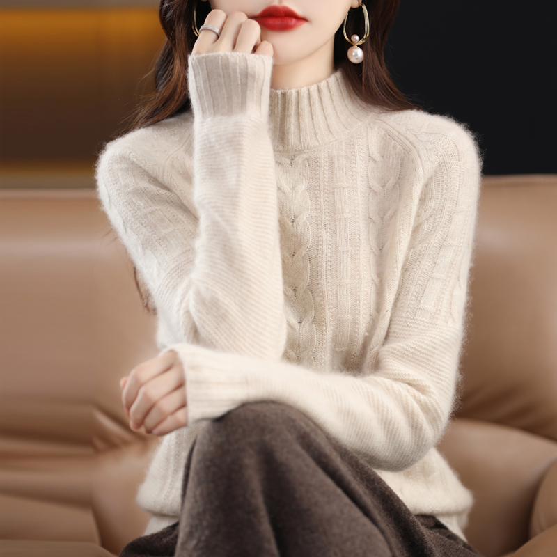 【重磅加厚】纯羊绒衫女半高领绞花套头毛衣时尚百搭羊绒针织打底