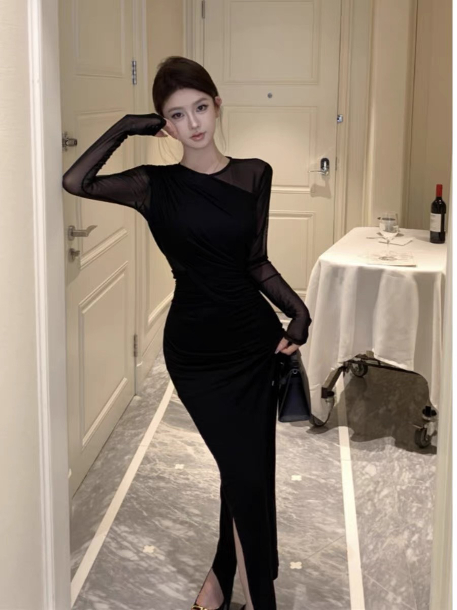 小白家巧克少女黑色气质网纱拼接春季收腰紧身性感包臀长裙9028