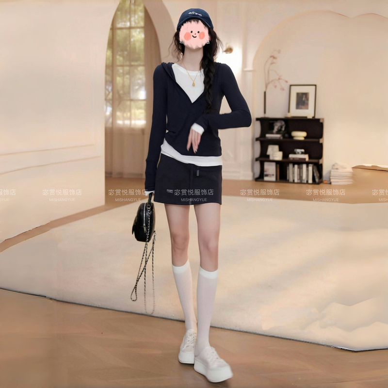 气质网红洋气女装春夏假两件连帽长袖T恤上衣女百搭显瘦卫裙套装