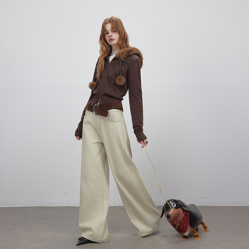 UNIFREE杏色高腰美式阔腿休闲裤2025秋季新款设计感直筒修身显瘦