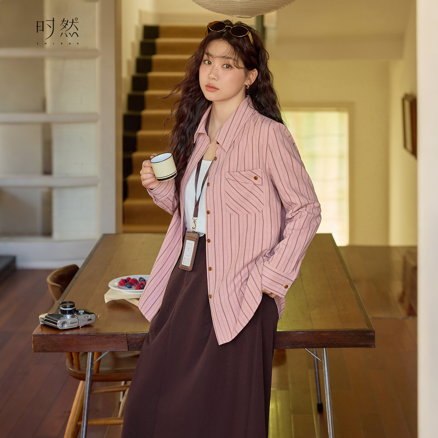 时然【粉叙​​】微胖大码女装韩系松弛感宽松遮肉显瘦粉条纹长袖套装