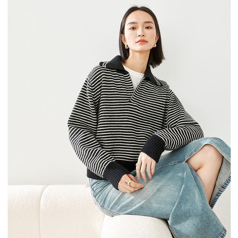 *翻领撞色条纹毛衣女秋冬新款高级感套头针织衫72652/73720